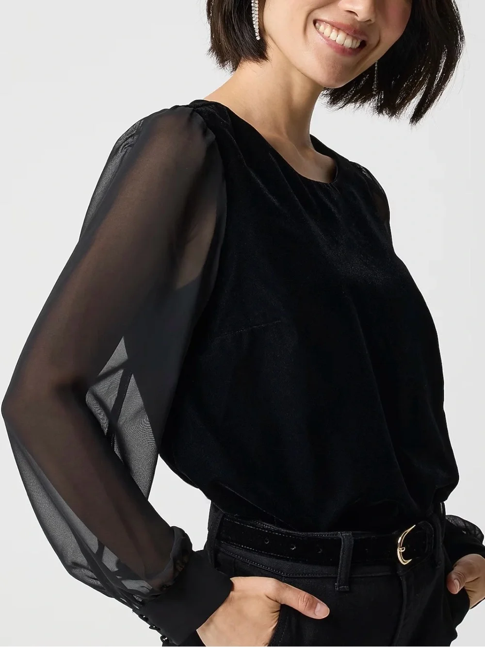 NWT J. Crew Black Velvet Top with Sheer Long Puff Sleeves, Crew Neck, Size XS